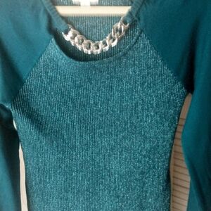 Cato Teal Metallic Knit Sweater with Silver Chain